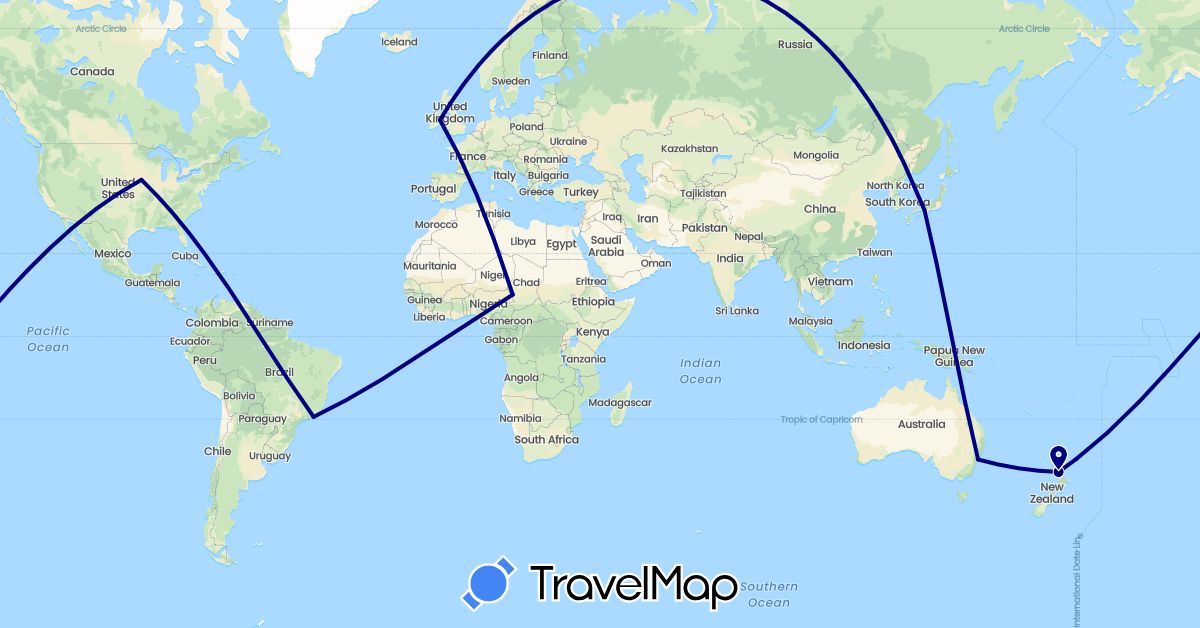 TravelMap itinerary: driving in Australia, Brazil, Ireland, Japan, New Zealand, Chad, United States (Africa, Asia, Europe, North America, Oceania, South America)
